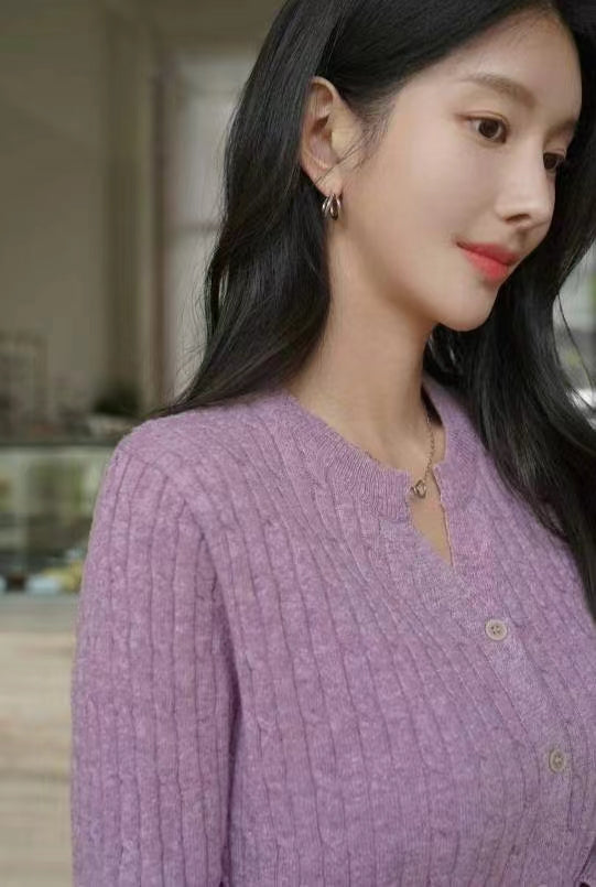 韓國製氣質針織净色麻花紋理圓領外套