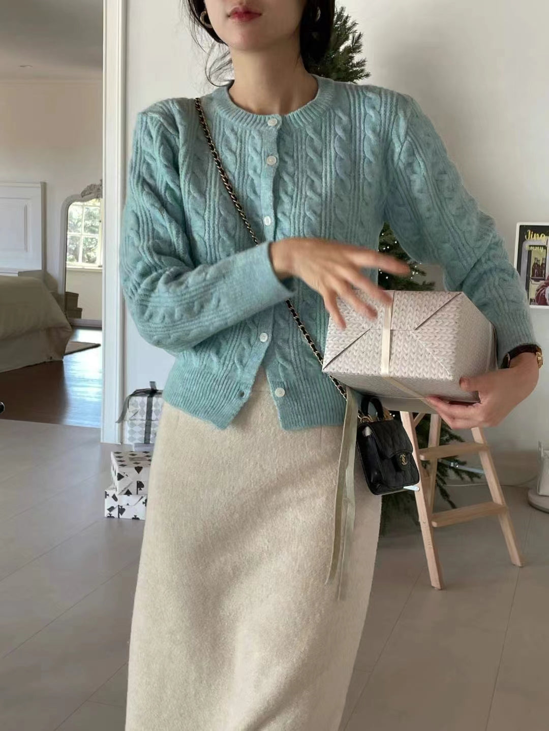 韓國製時尚氣質針織净色麻花紋理外套