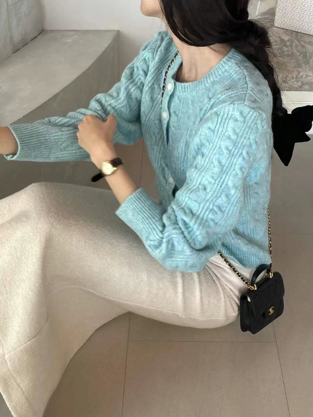 韓國製時尚氣質針織净色麻花紋理外套
