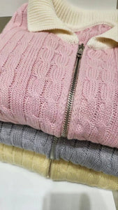 韓國製時尚針織麻花紋理撞色翻領拉鏈外套