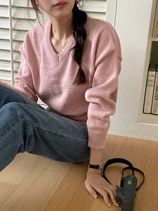 韓國製休閑針織净色V領毛衣