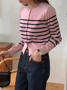 韓國製時尚針織撞色條紋圓領外套