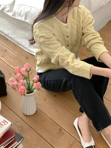 韓國製時尚氣質針織麻花紋理圓領外套