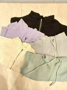 韓國製簡約針織净色連帽拉鏈外套
