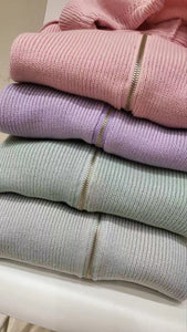 韓國製簡約針織净色連帽拉鏈外套