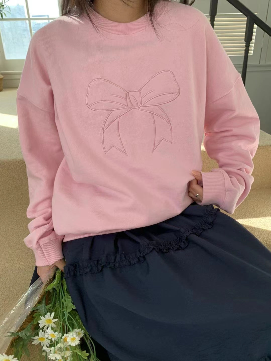韓國製時尚氣質蝴蝶結圖案圓領衛衣