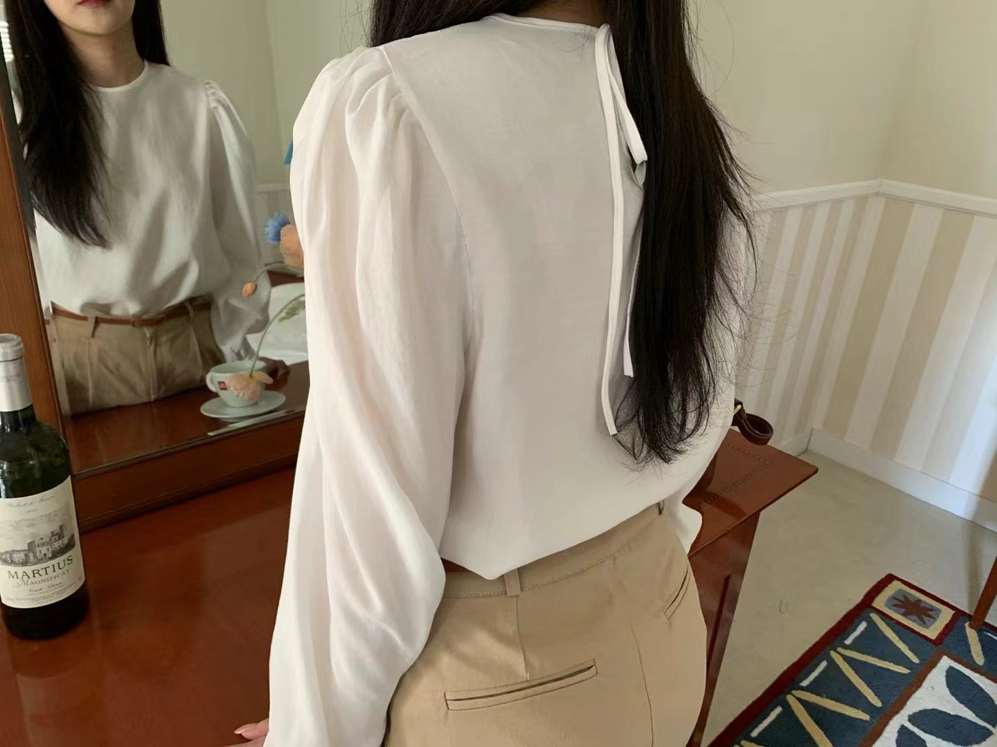 韓國製簡約寬鬆净色圓領繫帶上衣