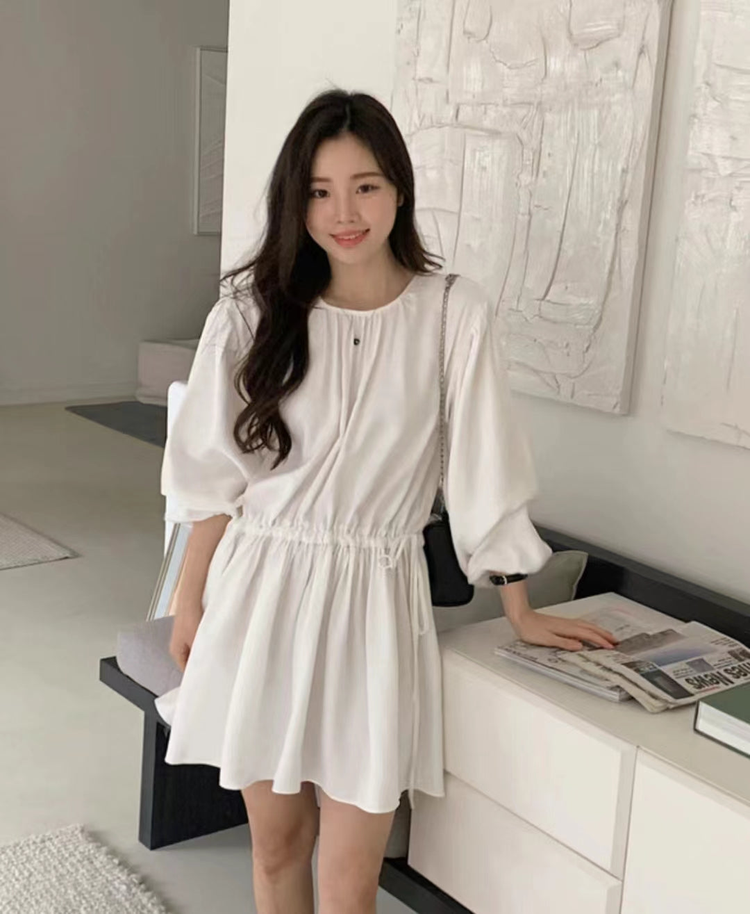 韓國製簡約净色圓領長袖連體裙