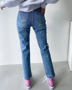 韓國製簡約百搭高腰破洞牛仔褲