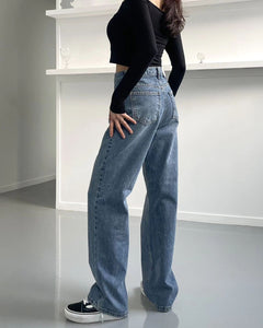 韓國製復古百搭高腰直筒牛仔褲