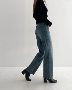 韓國製簡約高腰闊腿牛仔褲