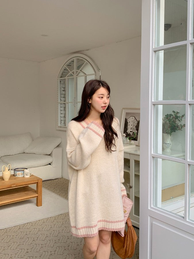 韓國製休閑寬鬆針織長款撞色V領毛衣