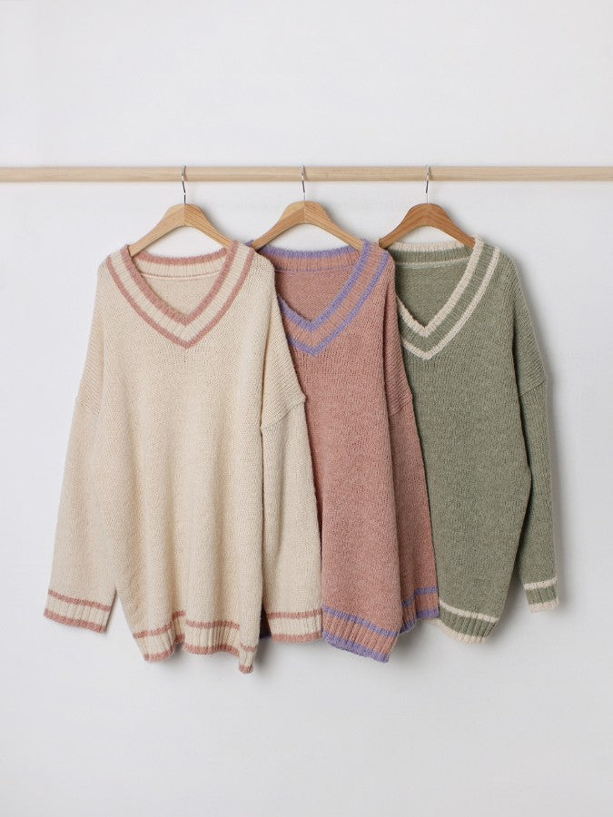 韓國製休閑寬鬆針織長款撞色V領毛衣