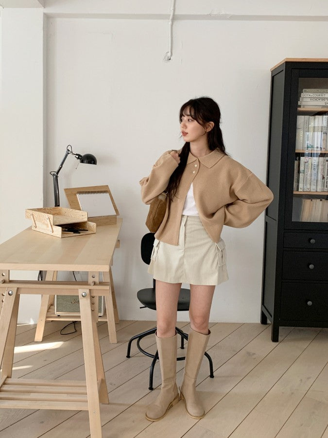 韓國製休閑寬鬆針織净色翻領外套