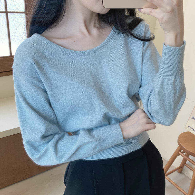 韓國製簡約針織净色圓領上衣