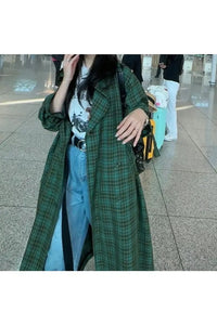 韓國製薄款高級感西裝格紋風衣外套
